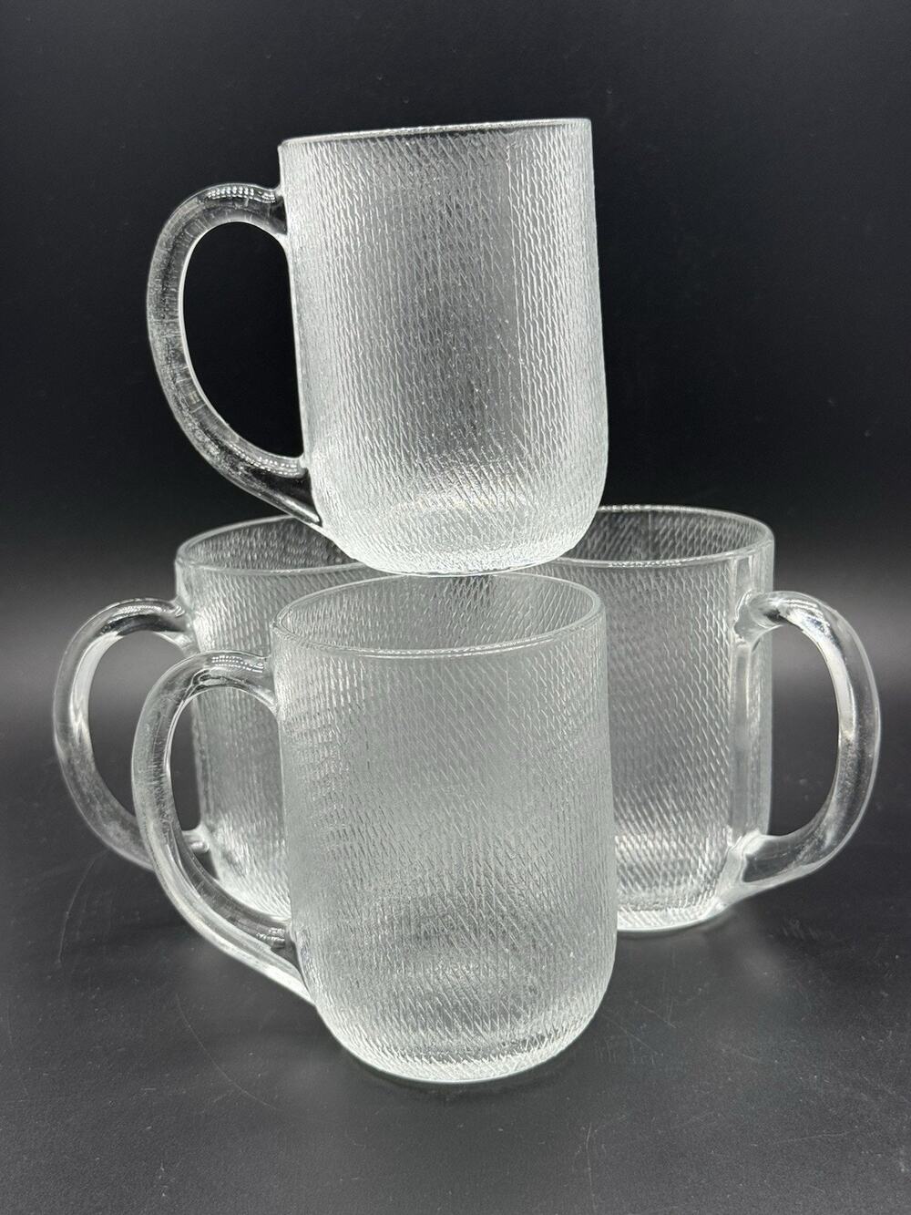 Vintage Arcoroc Frosted Textured Glass Mugs Cups Set 4 Clear Glass